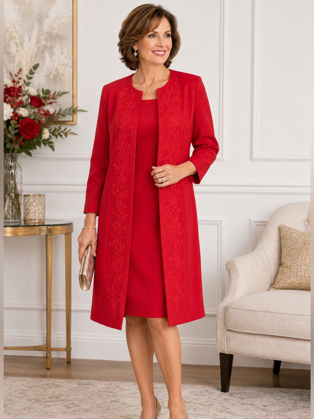 Anthony Richards Red Embroidered Jacket Dress Set Womens 14 Church Holiday